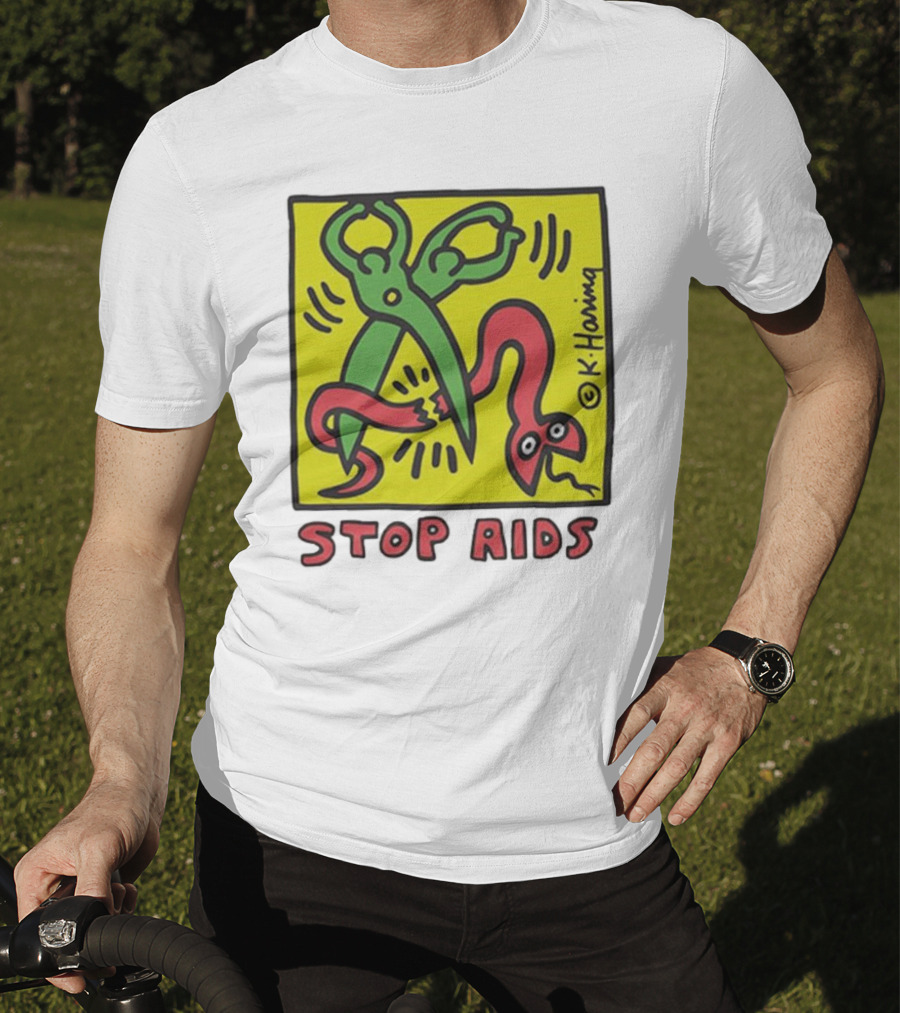 Keith Haring Stop Aids Scissors Cutting Snake T-Shirt
