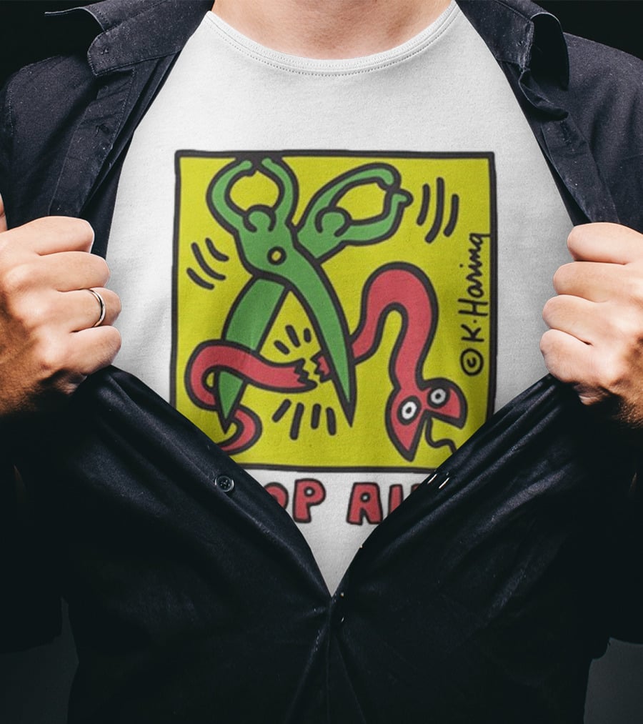 Keith Haring Stop Aids Scissors Cutting Snake T-Shirt