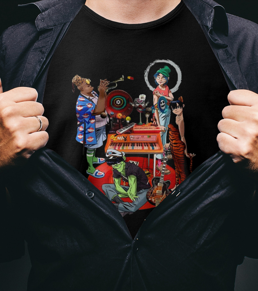Gorillaz Song Machine Band Characters Keyboard And Trombone T-Shirt