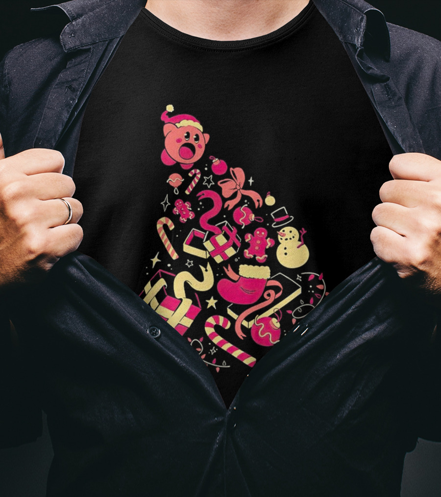 Kirby Christmas Santa Hat And Holiday Icons T-Shirt
