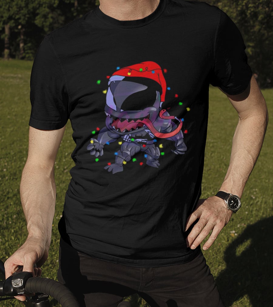 Venom Spiderman Marvel Christmas Lights Santa Hat T-Shirt