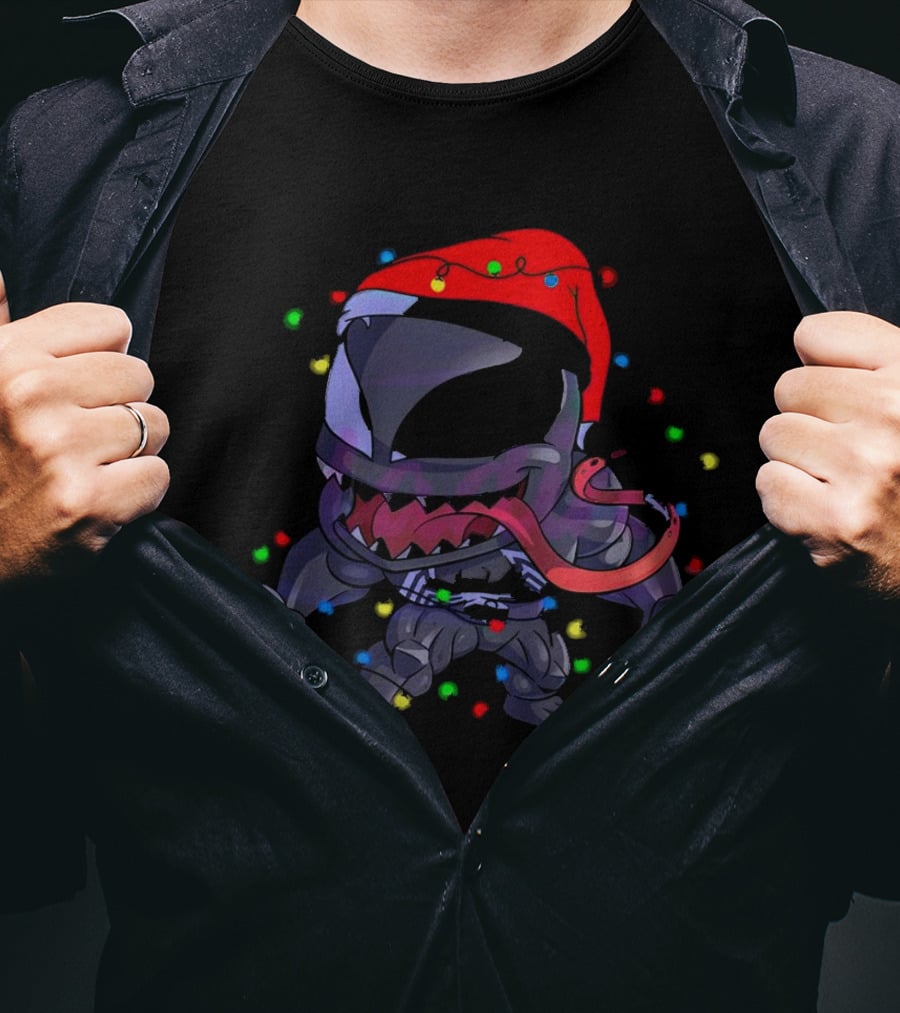 Venom Spiderman Marvel Christmas Lights Santa Hat T-Shirt