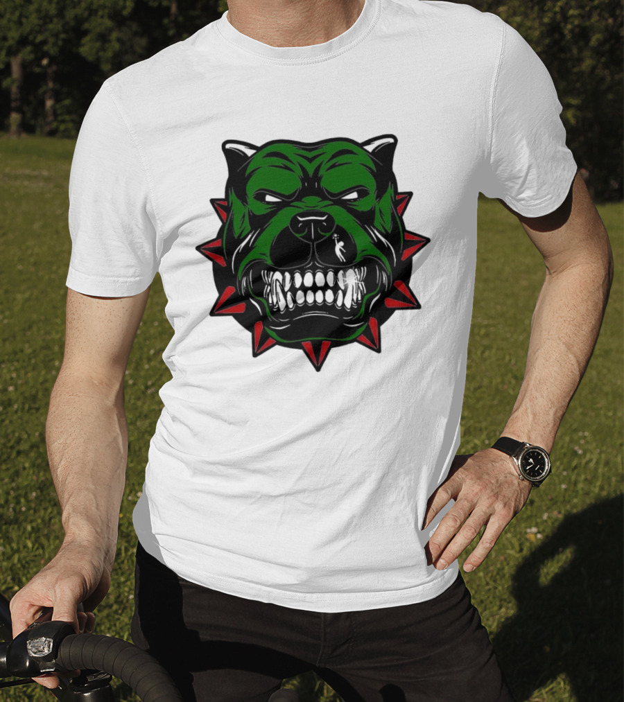 Angry Pitbull With Green Face And Red Spiked Collar Merry Christmas T-Shirt