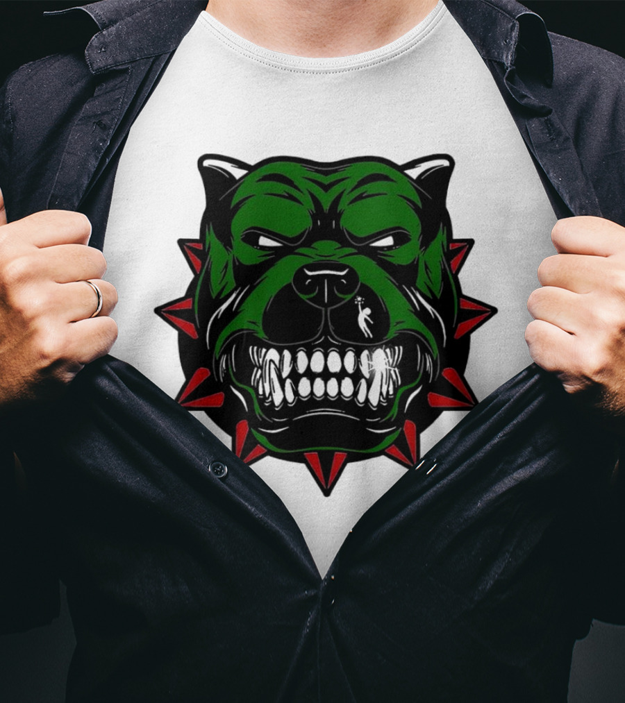 Angry Pitbull With Green Face And Red Spiked Collar Merry Christmas T-Shirt