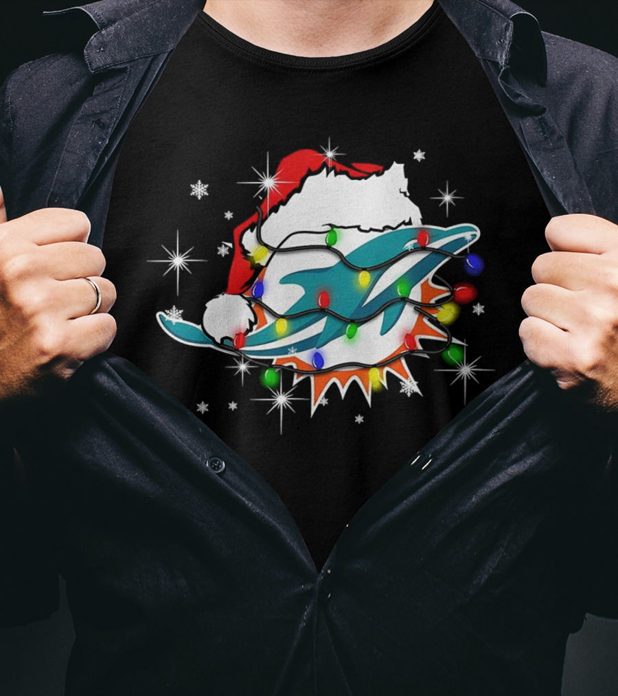 Miami Dolphins Santa Hat Christmas Lights Snowflakes T-Shirt