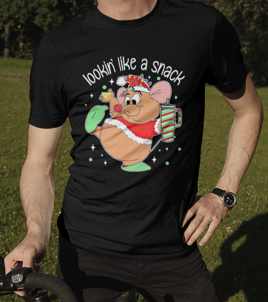 Lookin' Like A Snack Santa Mouse Holding Cheese And Peppermint Drink T-Shirt