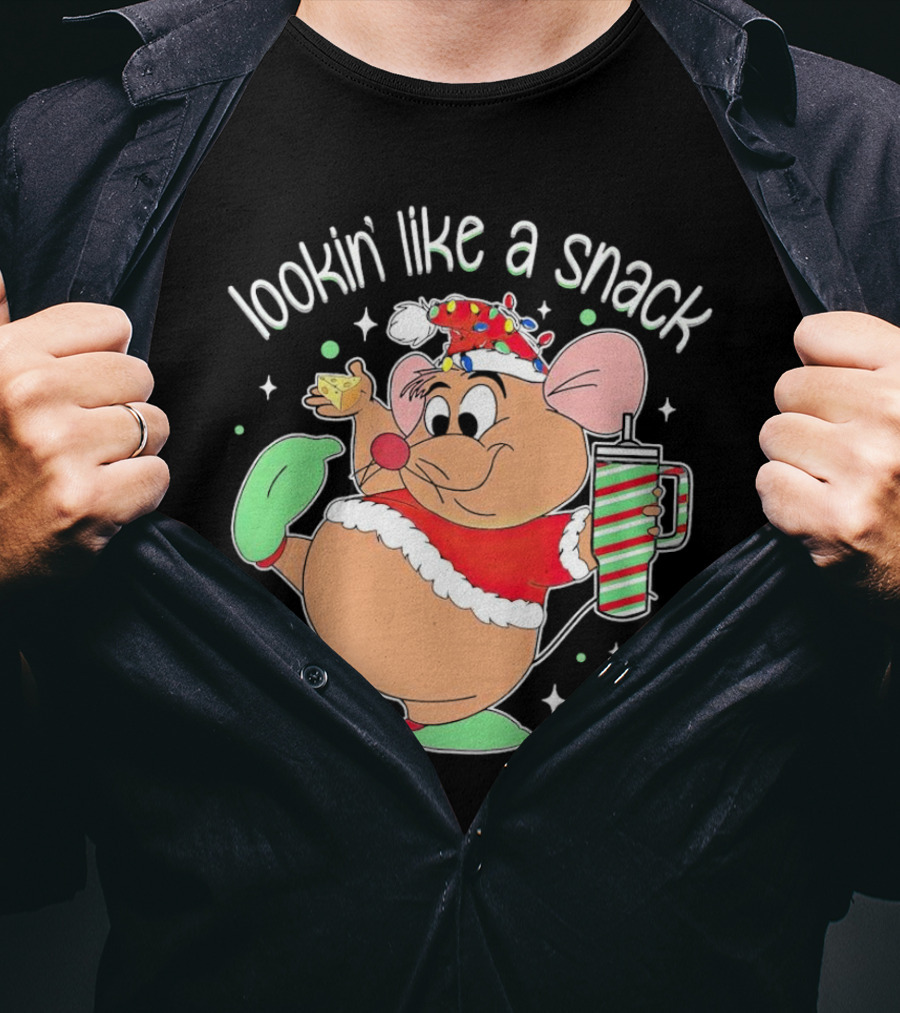 Lookin' Like A Snack Santa Mouse Holding Cheese And Peppermint Drink T-Shirt