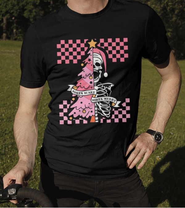 Skeleton Sorta Scary Sorta Merry Christmas Tree Split T-Shirt