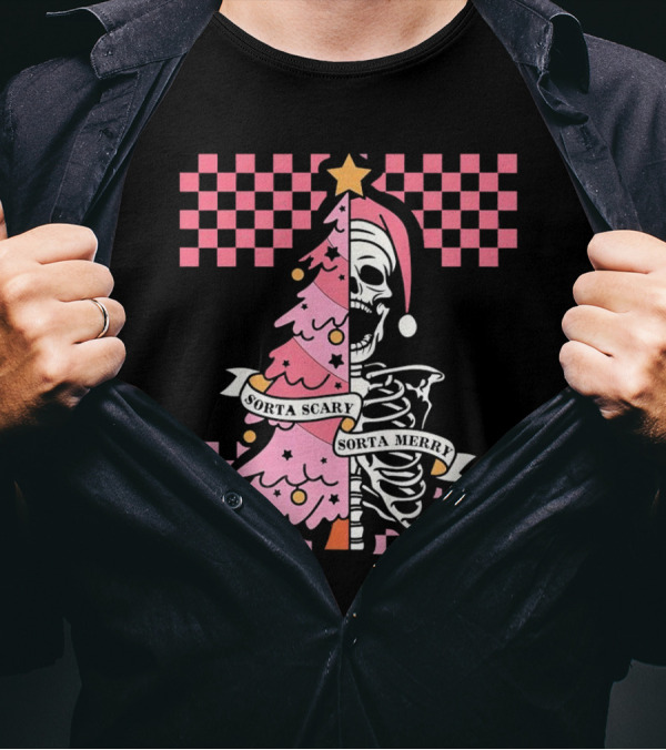 Skeleton Sorta Scary Sorta Merry Christmas Tree Split T-Shirt