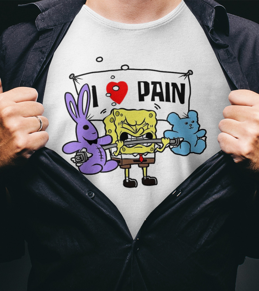 SpongeBob I Love Pain Weightlifting With Purple Bunny And Blue Bear T-Shirt