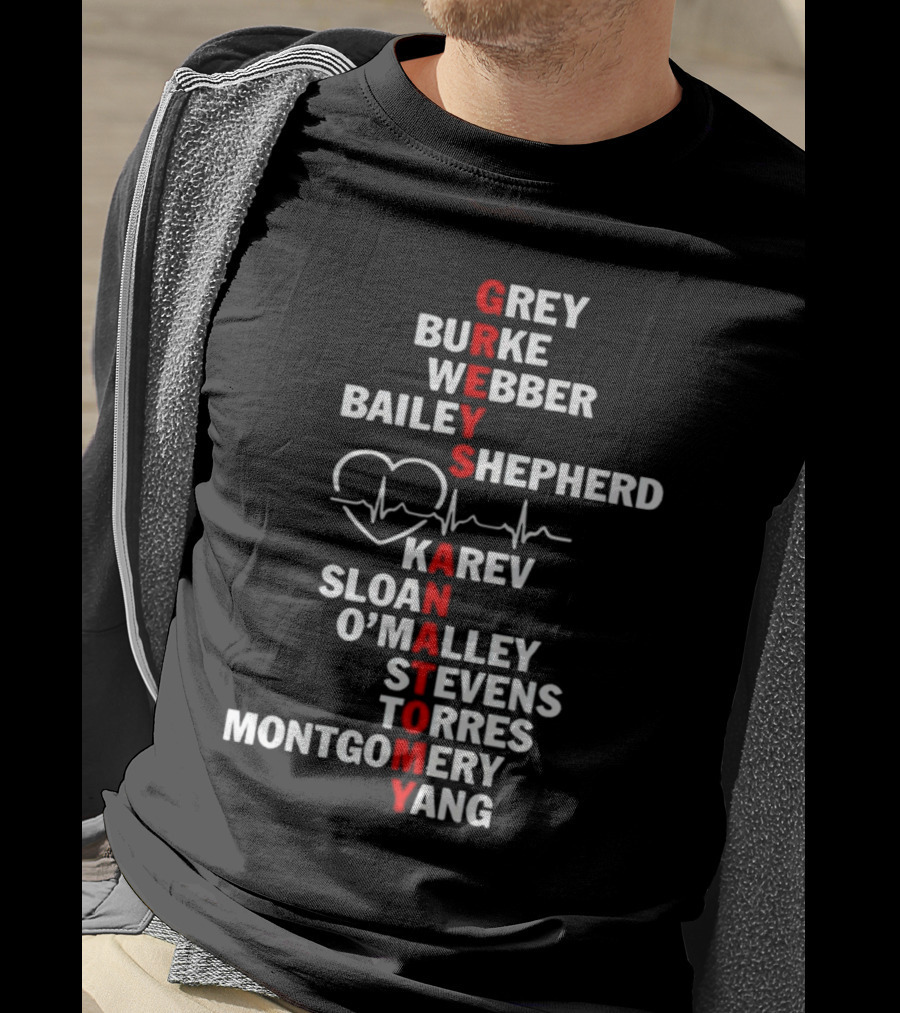GREYS ANATOMY Grey Burke Webber Bailey Shepherd Karev Sloan O'Malley Stevens Torres Montgomery Yang Heartbeat T-Shirt