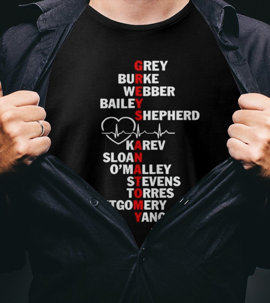 GREYS ANATOMY Grey Burke Webber Bailey Shepherd Karev Sloan O'Malley Stevens Torres Montgomery Yang Heartbeat T-Shirt
