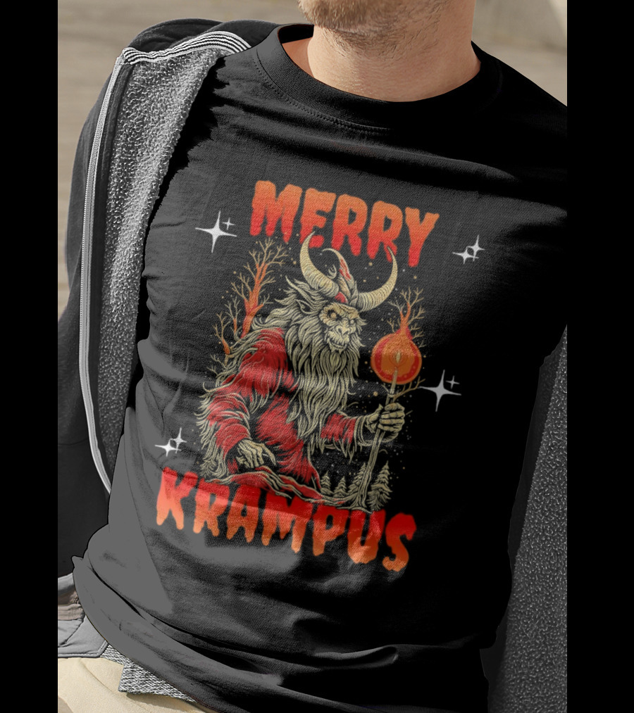 Merry Krampus Horror Christmas Demon With Fiery Torch In Forest Scene T-Shirt