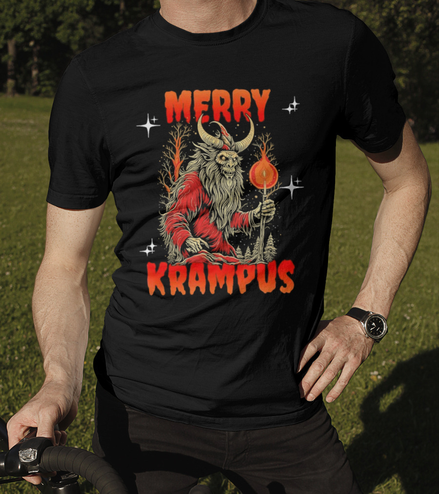 Merry Krampus Horror Christmas Demon With Fiery Torch In Forest Scene T-Shirt