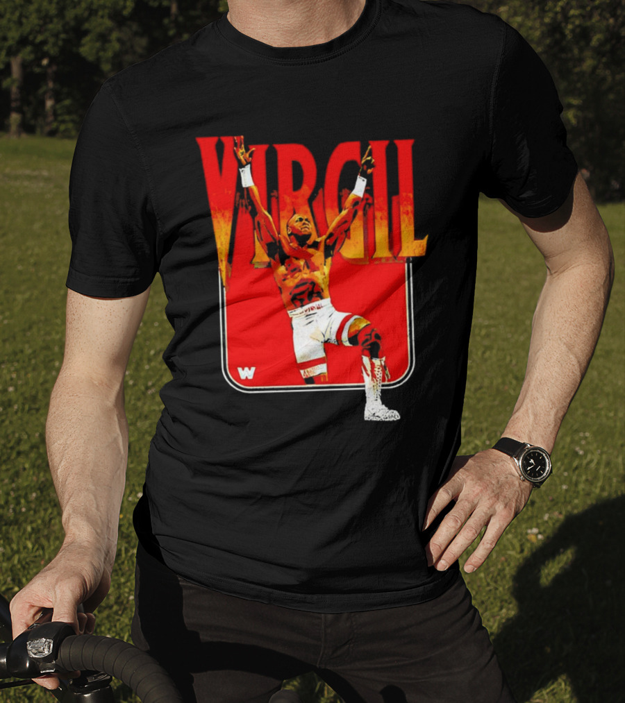 Virgil Wrestling Iconic Pose With Red Background And White Boots T-Shirt