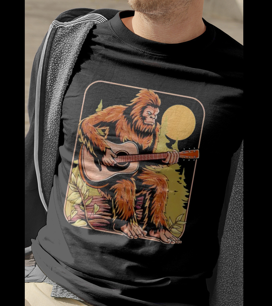 Bigfoot Playing Acoustic Guitar In Forest Scene T-Shirt