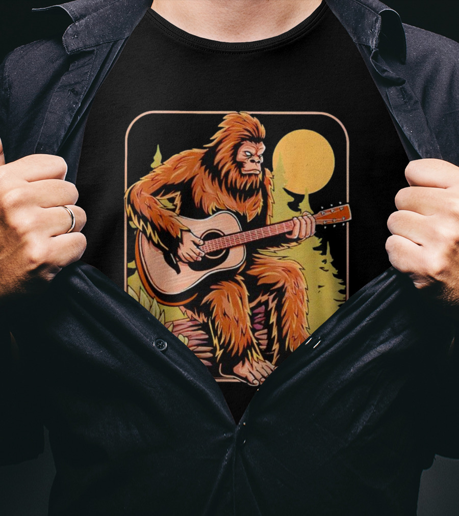 Bigfoot Playing Acoustic Guitar In Forest Scene T-Shirt