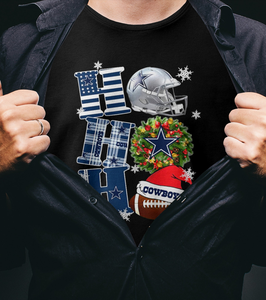 Dallas Cowboys NFL Ho Ho Ho Christmas Football Helmet Wreath Santa Hat T-Shirt