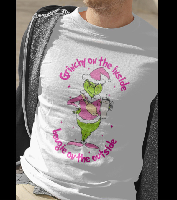 Grinchy On The Inside Bougie On The Outside Pink Hat Coffee Mug Christmas T-Shirt