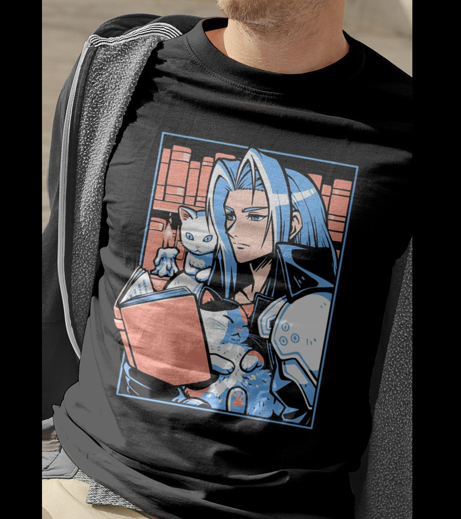 Sephiroth Reading In Basement Library With Cats And Books T-Shirt