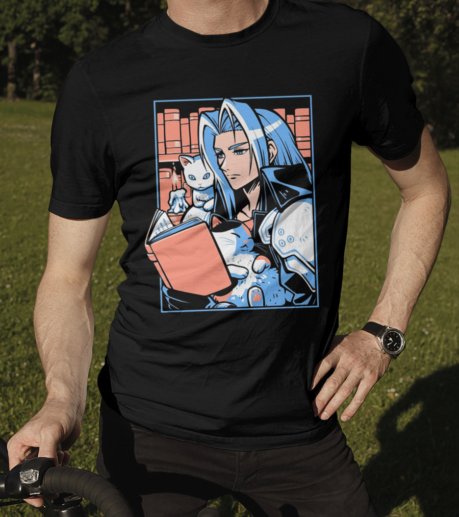 Sephiroth Reading In Basement Library With Cats And Books T-Shirt