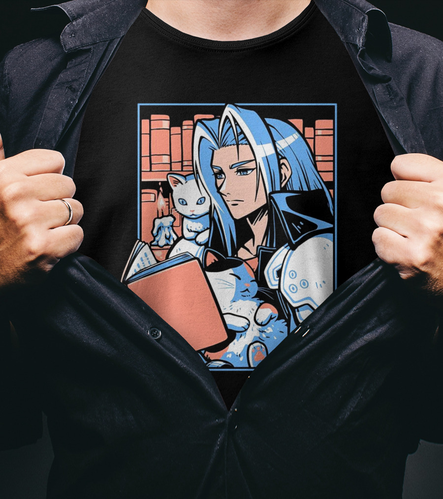 Sephiroth Reading In Basement Library With Cats And Books T-Shirt