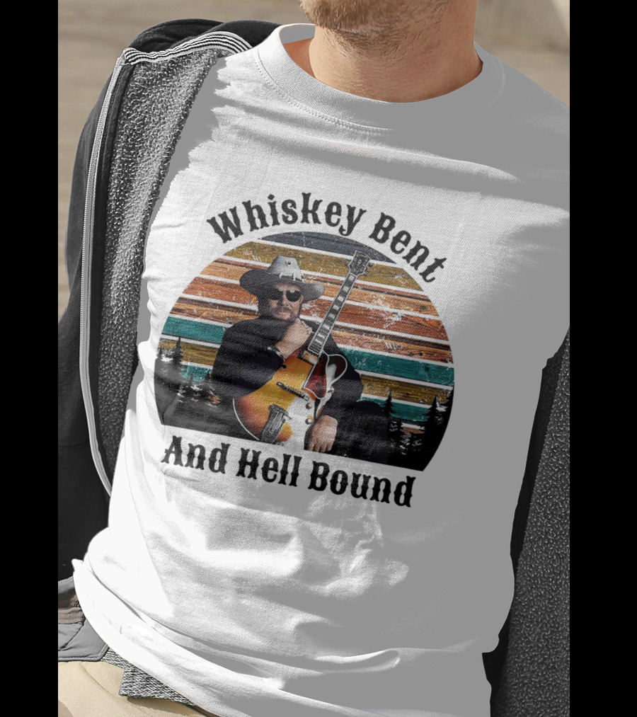 Whiskey Bent And Hell Bound Cowboy With Guitar Retro Sunset T-Shirt