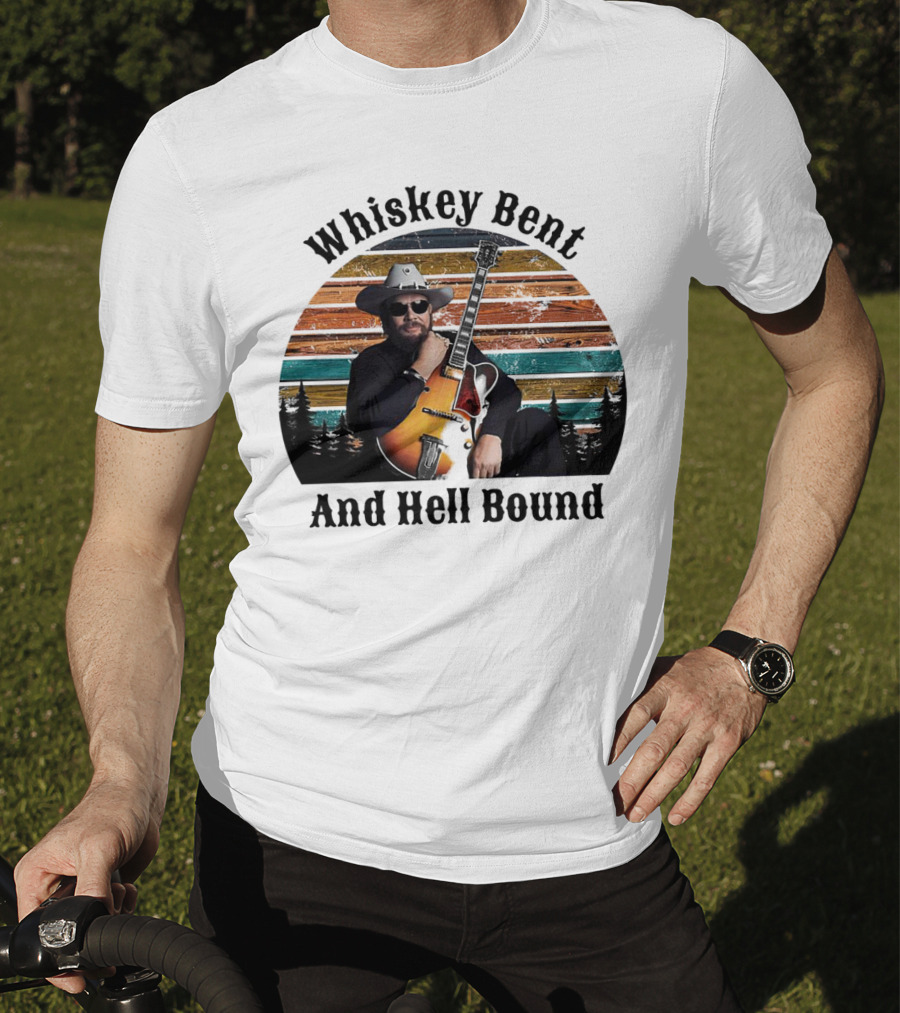 Whiskey Bent And Hell Bound Cowboy With Guitar Retro Sunset T-Shirt