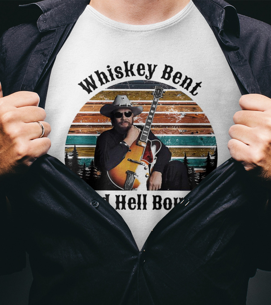 Whiskey Bent And Hell Bound Cowboy With Guitar Retro Sunset T-Shirt