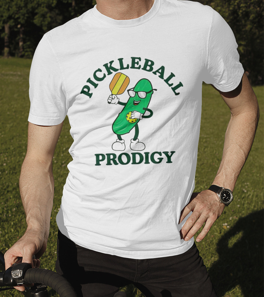 Pickleball Prodigy Fun Pickle Character With Paddle And Sunglasses T-Shirt