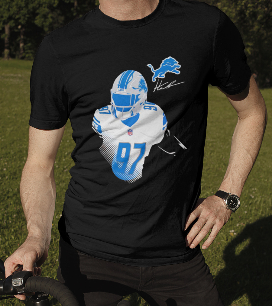 Aidan Hutchinson Detroit Lions Player Signature 97 NFL Logo Lions Helmet T-Shirt