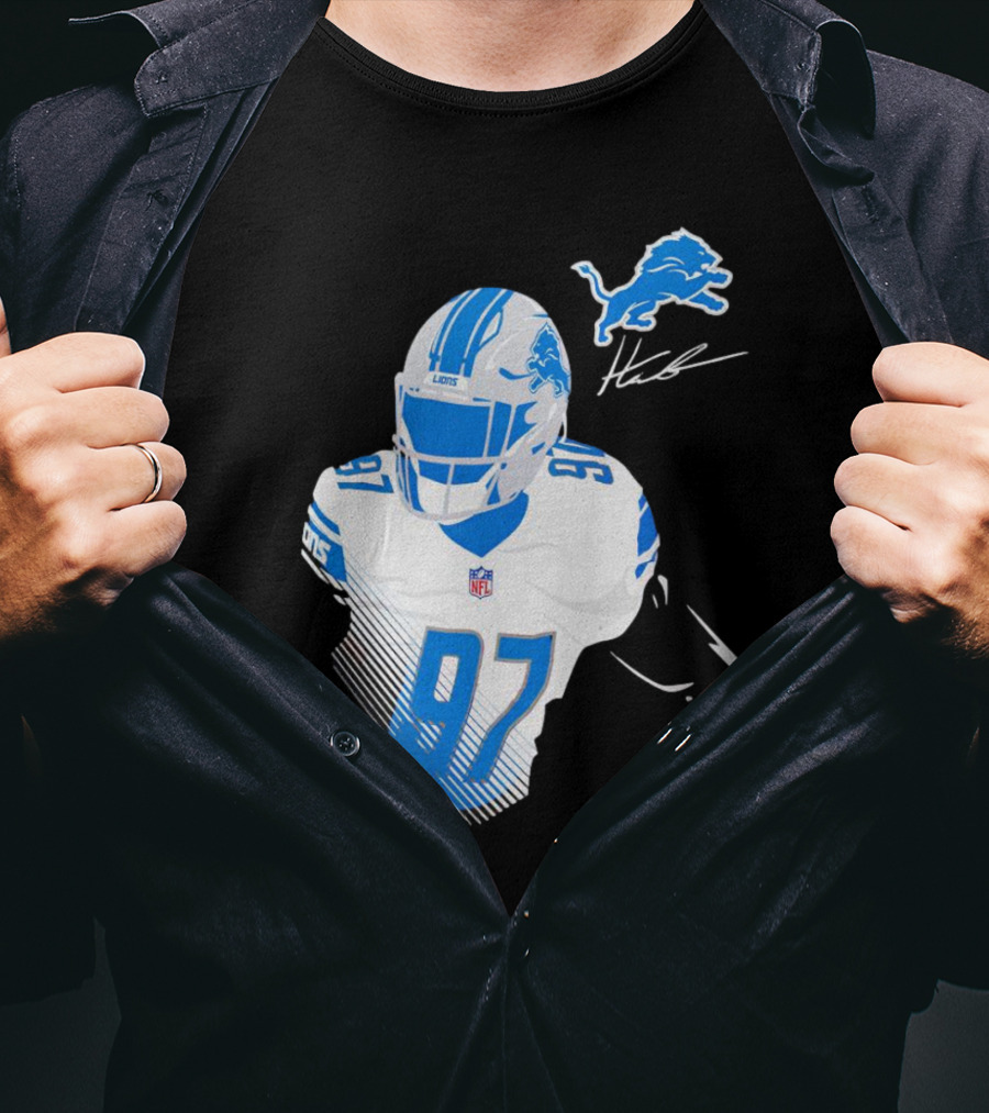 Aidan Hutchinson Detroit Lions Player Signature 97 NFL Logo Lions Helmet T-Shirt