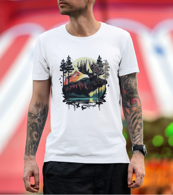 Premium T-Shirt: Moose in the Forest with Sunset and Mountain Landscape T-Shirt Moose in the Forest with Sunset and Mountain Landscape T-Shirt