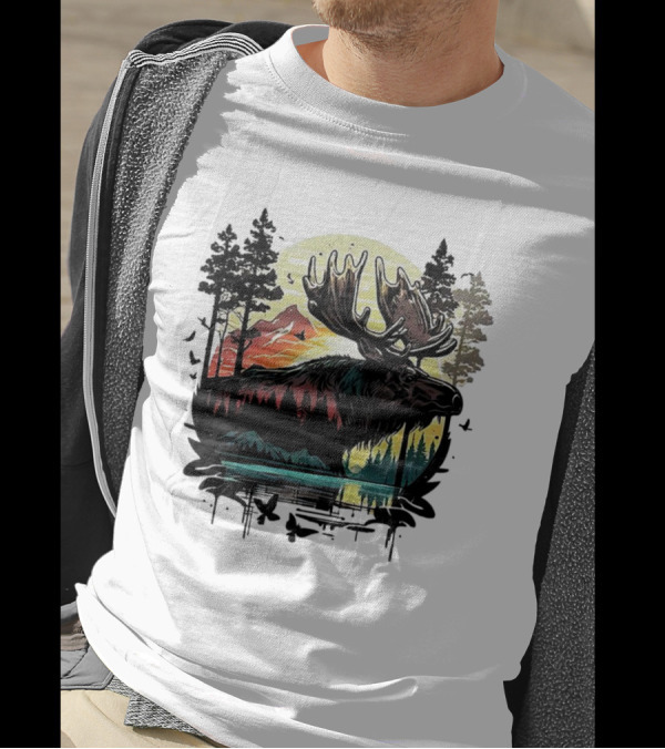 Moose In The Forest With Sunset And Mountain Landscape T-Shirt