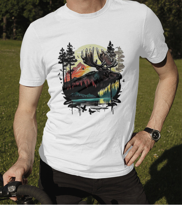 Moose In The Forest With Sunset And Mountain Landscape T-Shirt