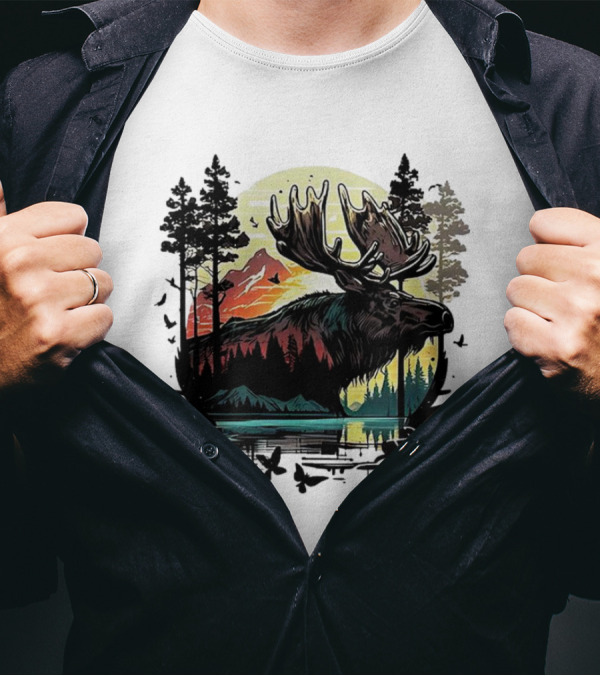 Moose In The Forest With Sunset And Mountain Landscape T-Shirt