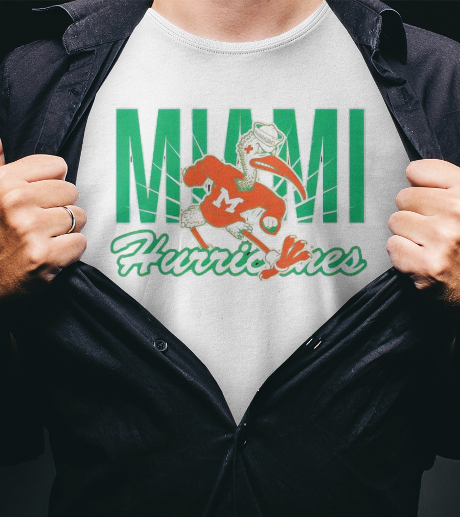 Miami Hurricanes Sebastian The Ibis Mascot With Bold Lettering T-Shirt
