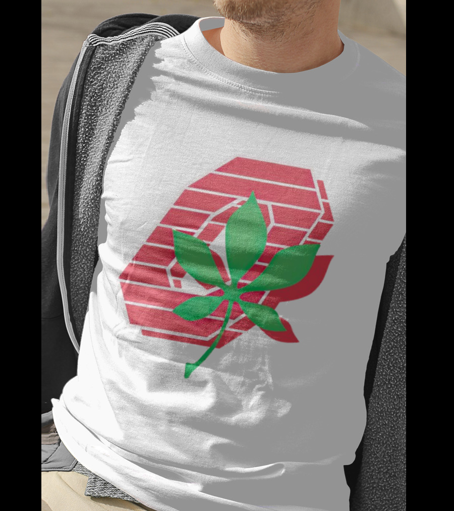 Ohio State Buckeyes Scarlet And Gray O With Green Leaf Emblem T-Shirt