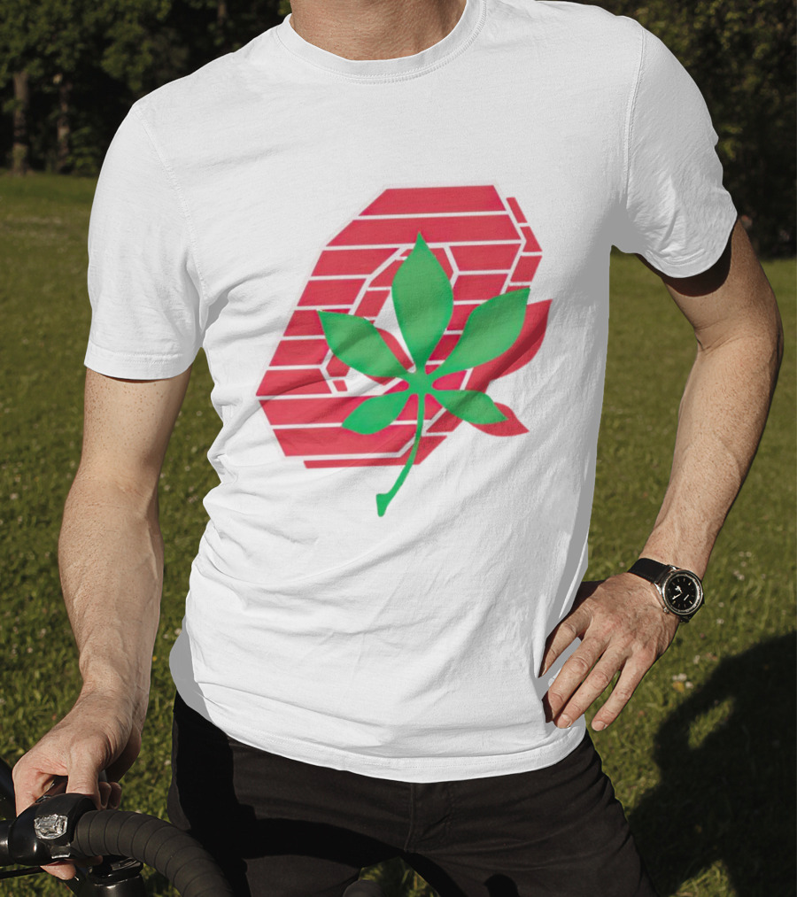 Ohio State Buckeyes Scarlet And Gray O With Green Leaf Emblem T-Shirt