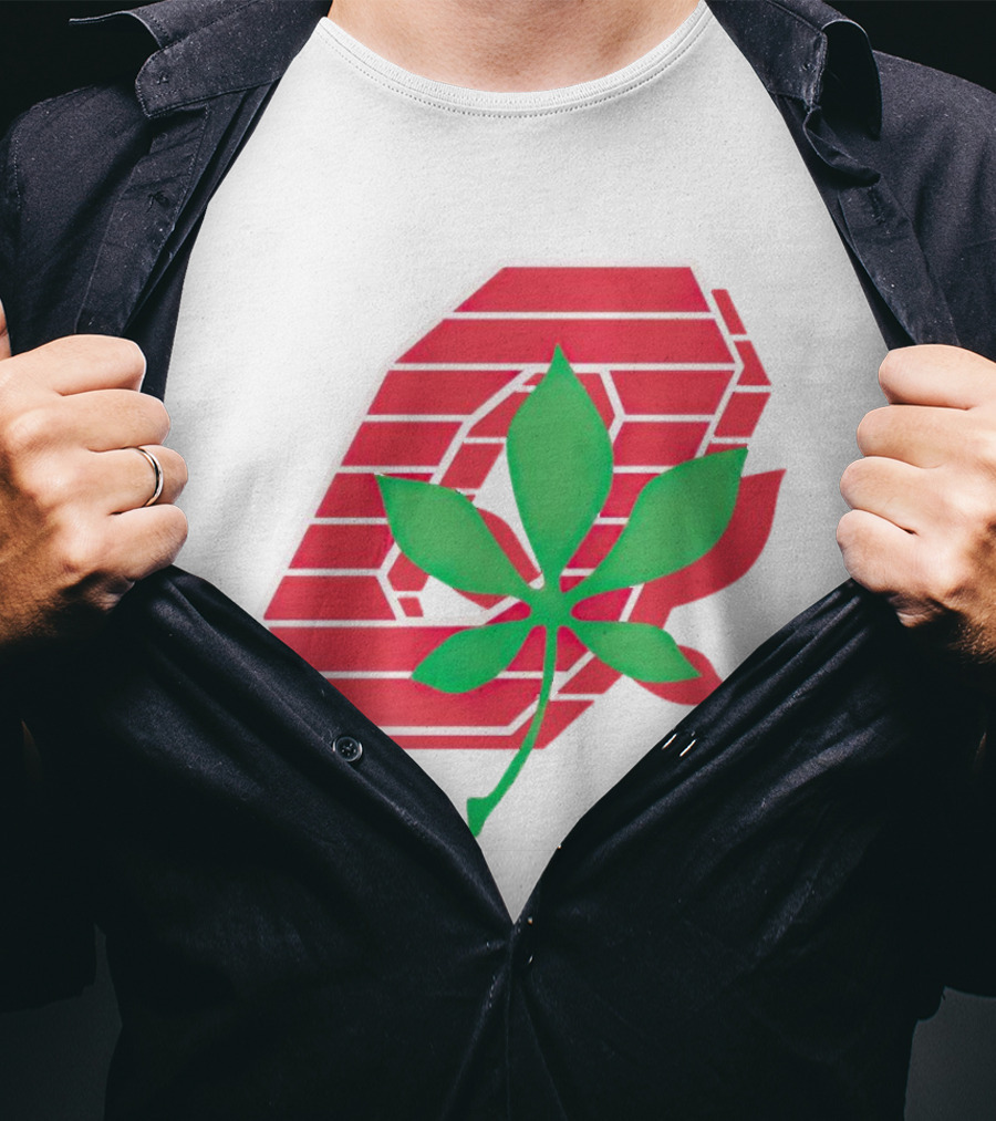 Ohio State Buckeyes Scarlet And Gray O With Green Leaf Emblem T-Shirt