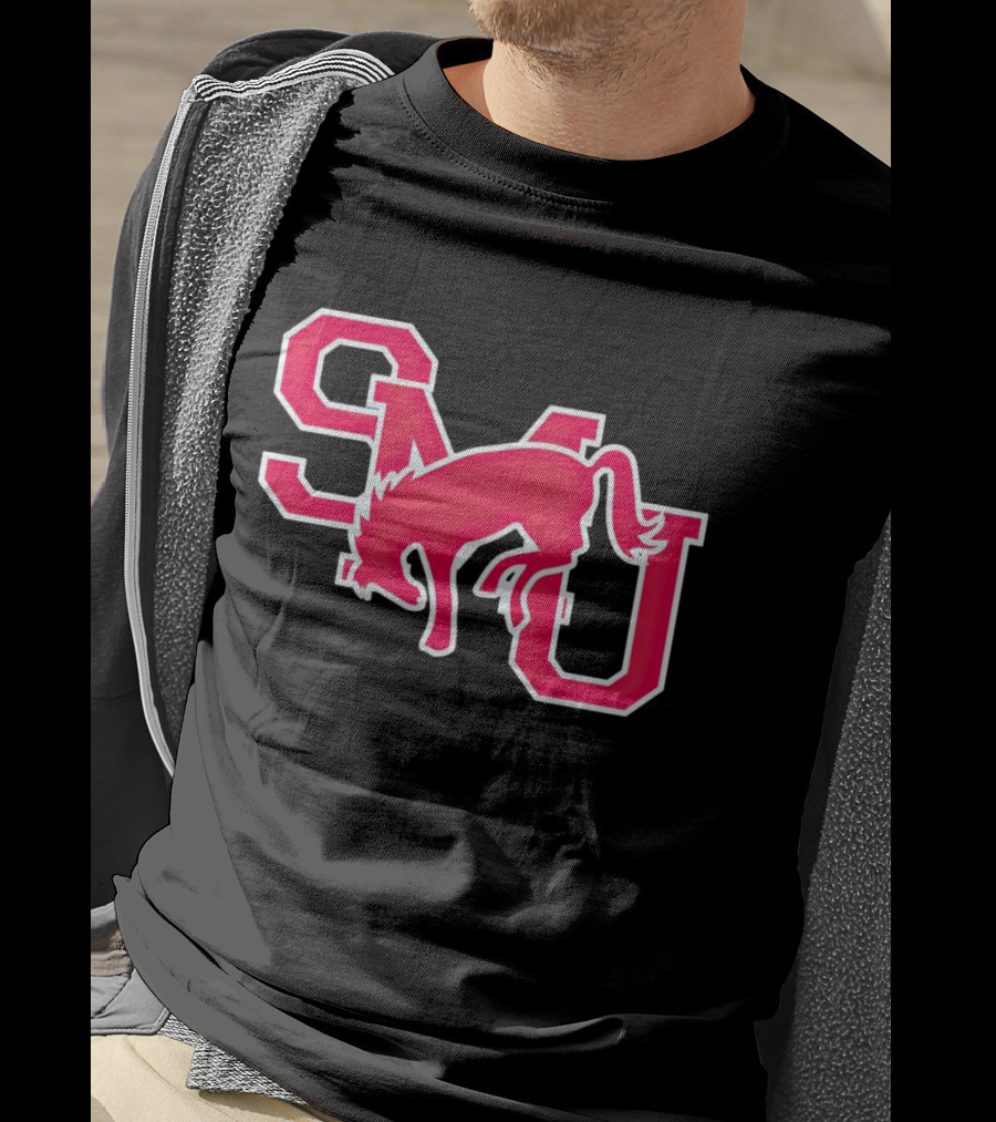 SMU Mustangs Red Logo With Jumping Mustang T-Shirt