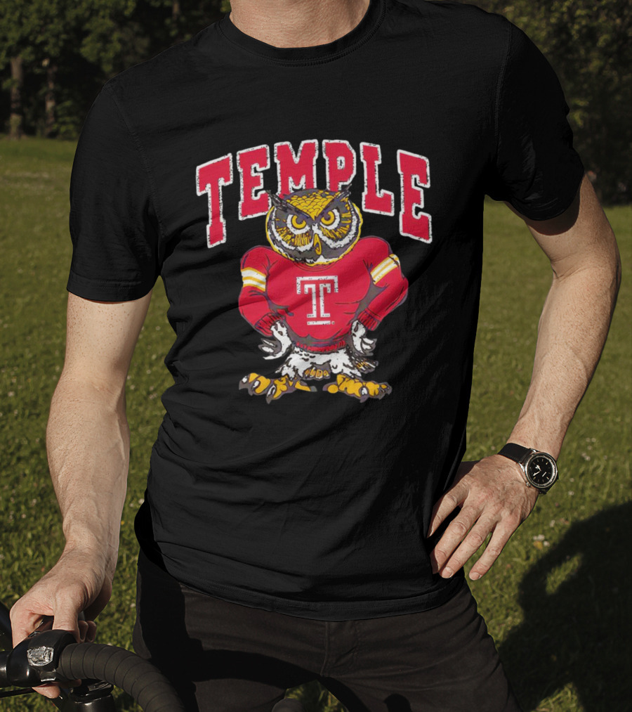 Temple Owls Football Mascot In Red Jersey With Bold Temple Text T-Shirt