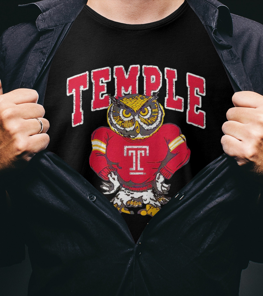 Temple Owls Football Mascot In Red Jersey With Bold Temple Text T-Shirt
