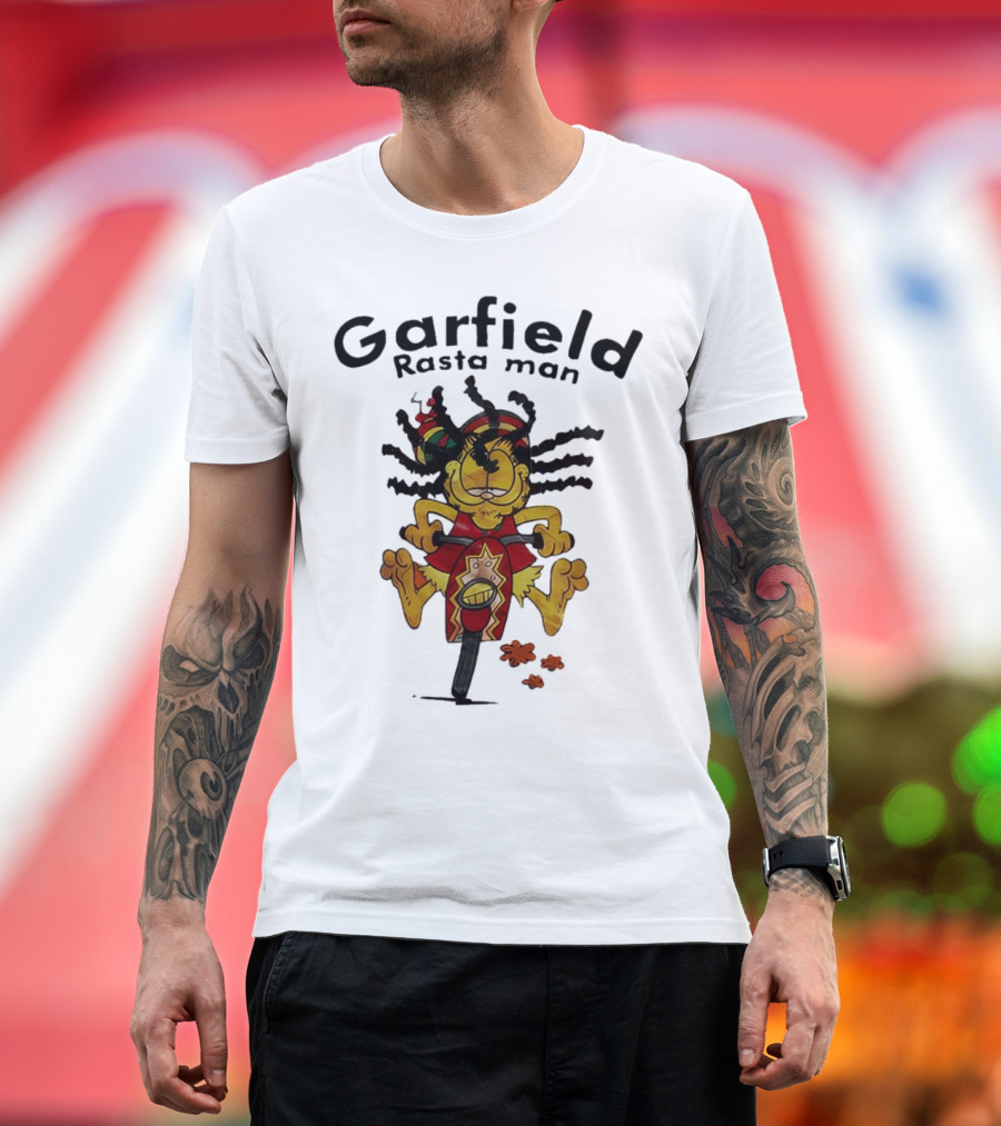 Garfield Rasta Man Dreadlocks Bicycle Whimsical Fun T-Shirt