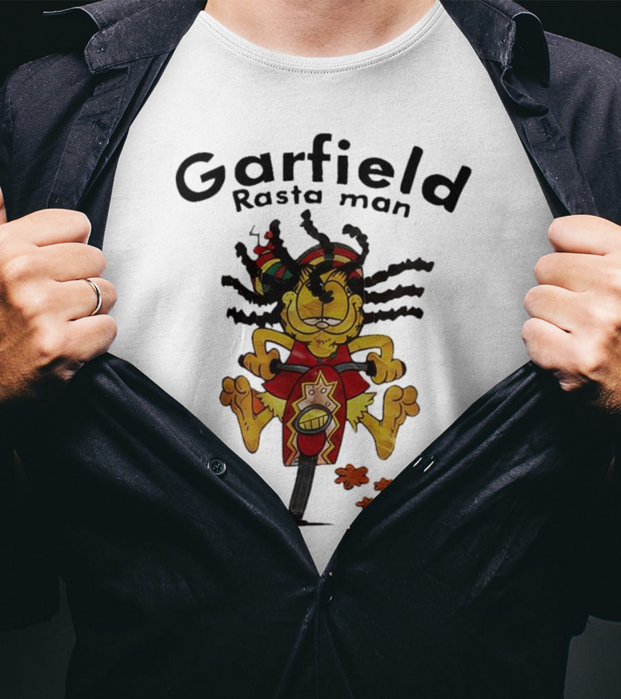 Garfield Rasta Man Dreadlocks Bicycle Whimsical Fun T-Shirt