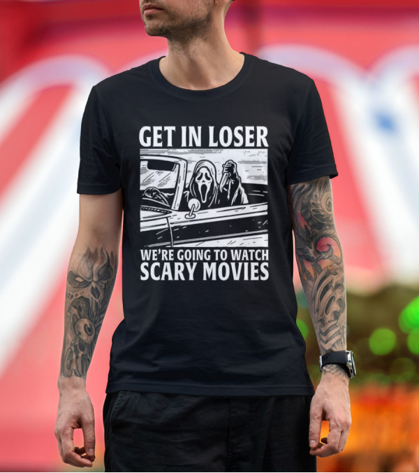 Premium T-Shirt: GET IN LOSER WE'RE GOING TO WATCH SCARY MOVIES GHOSTFACE SPOOF IN CAR IMAGE T-Shirt GET IN LOSER WE'RE GOING TO WATCH SCARY MOVIES GHOSTFACE SPOOF IN CAR IMAGE T-Shirt