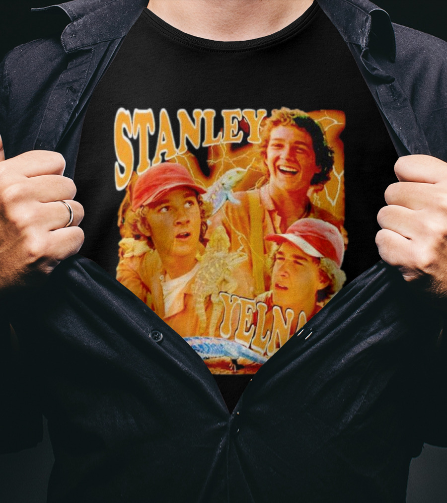 Stanley Yelnats Character Collage With Orange Background And Lizard T-Shirt