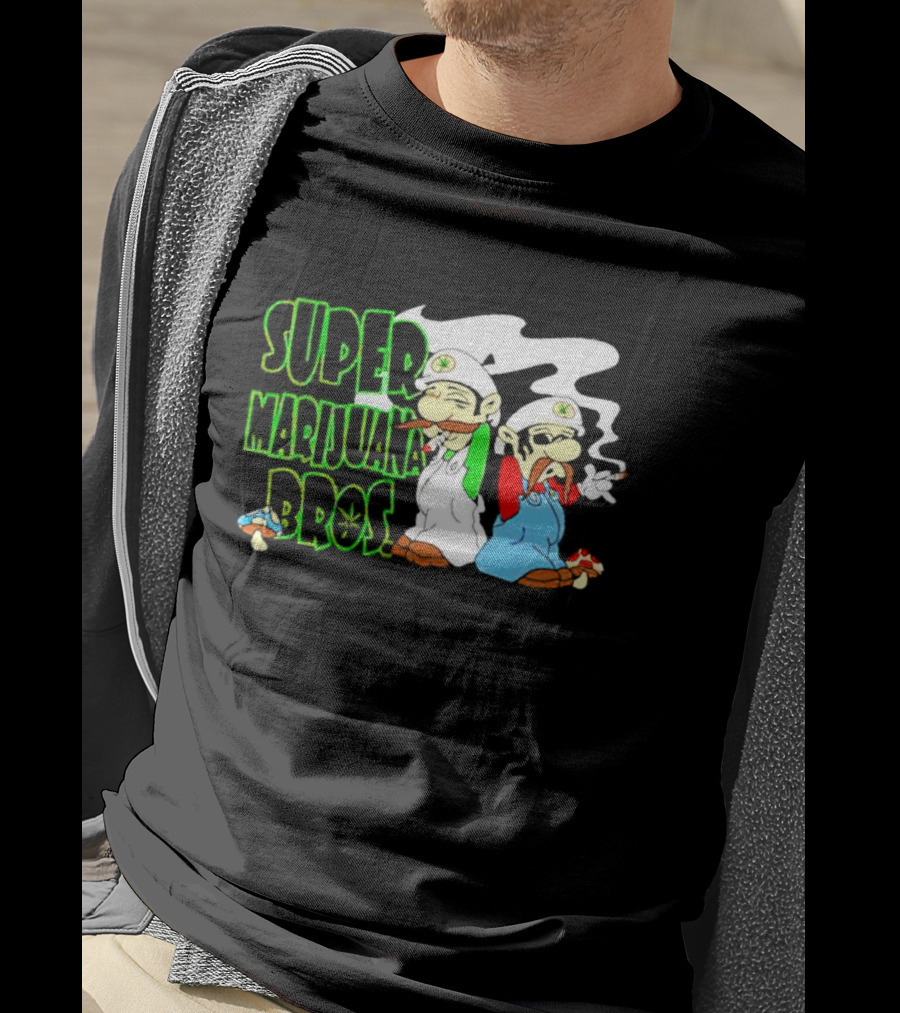 Super Marijuana Bros Weed Parody With Smoking Characters And Mushrooms T-Shirt