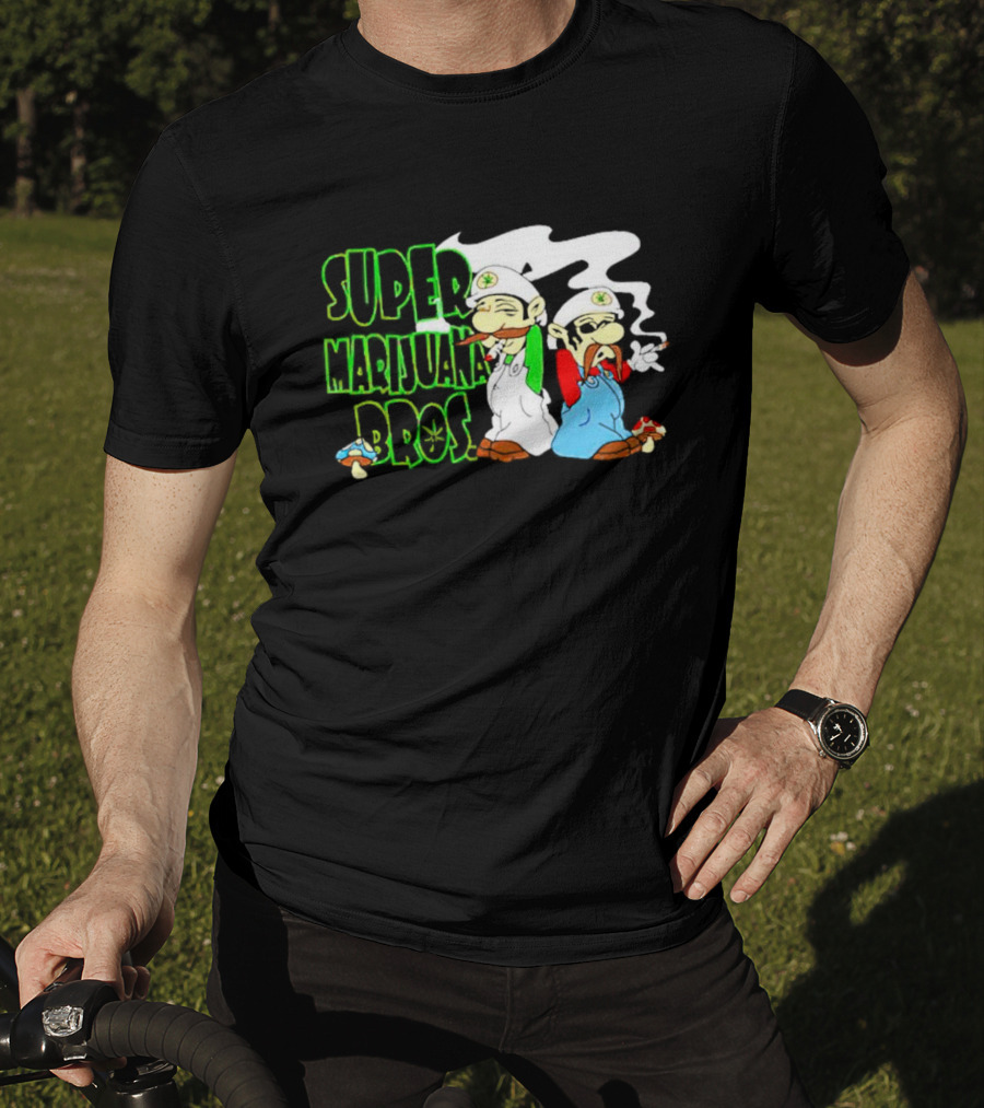 Super Marijuana Bros Weed Parody With Smoking Characters And Mushrooms T-Shirt