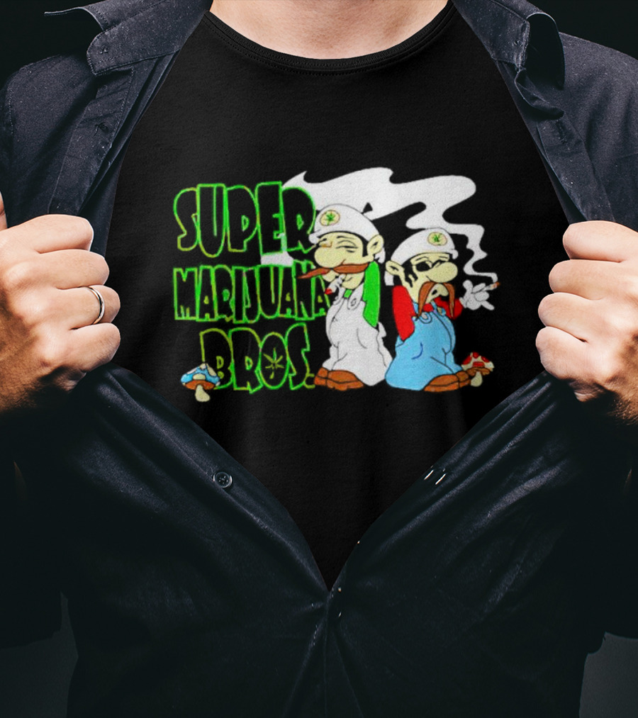 Super Marijuana Bros Weed Parody With Smoking Characters And Mushrooms T-Shirt